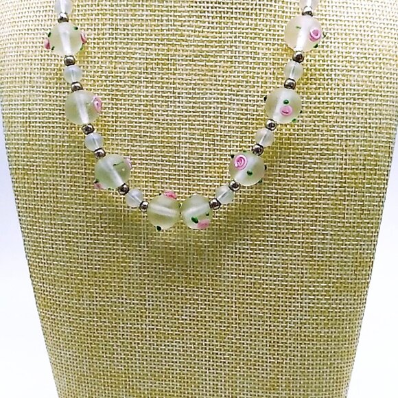Artisan Frosted Lampwork Glass & Sterling Silver Beaded Pink Rose Design Necklac - Picture 12 of 16